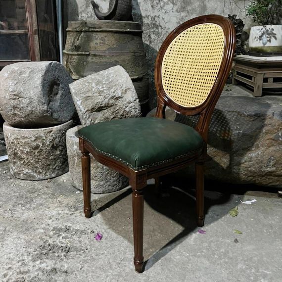 Ghế Louis XVI Lưng Đan Mây Bọc Da Bò  LSXVI021